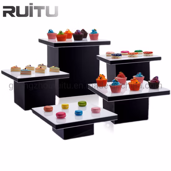 Racks de exibição de buffet de hotel, 3 camadas, decorativo, doce, cupcake, exibição, festa quadrada, casamento, tubo acrílico, placas brancas, aço inoxidável, buffet, riser, bolo